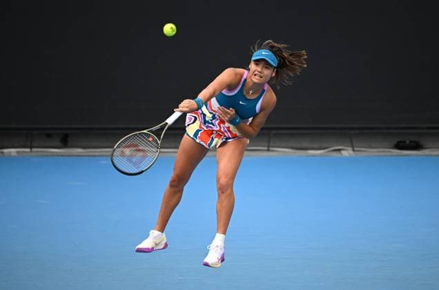 TENNIS AUSTRALIAN OPEN, Emma Raducanu of Great Britain serves during her Women?s Singles 1st round match against Tamara Korpatsch of Germany on Day 1 of the 2023 Australian Open tennis tournament at Melbourne Park in Melbourne, Monday, January 16, 2023. ( NO ARCHIVING, EDITORIAL USE ONLY, NO USE IN BOOKS WITHOUT CONSENT MELBOURNE VICTORIA AUSTRALIA  Copyright: xJAMESxROSSx 20230116001752905253