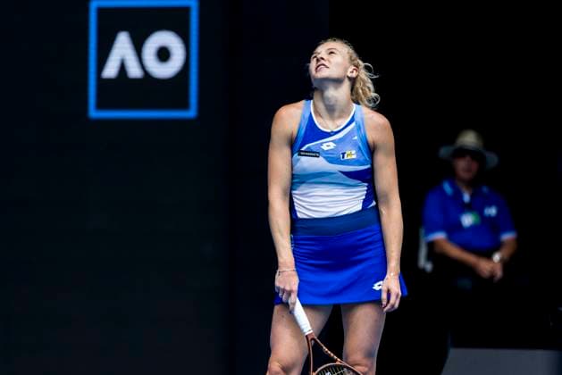 MELBOURNE, VIC - JANUARY 16: Katerina Siniakova of the Czech Republic shows her disappointment during Round 1 of the 2023 Australian Open on January 16 2023, at Melbourne Park in Melbourne, Australia. (Photo by Jason Heidrich Icon Sportswire) TENNIS: JAN 16 Australian Open Icon220116039