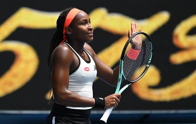 TENNIS AUSTRALIAN OPEN, Coco Gauff of USA celebrates following her Women?s Singles 1st Round match against Katerina Siniakova of Czech Republic on Day 1 of the 2023 Australian Open tennis tournament at Melbourne Park in Melbourne, Monday, January 16, 2023. ( NO ARCHIVING, EDITORIAL USE ONLY, NO USE IN BOOKS WITHOUT CONSENT MELBOURNE VICTORIA AUSTRALIA  Copyright: xLUKASxCOCHx 20230116001752936843