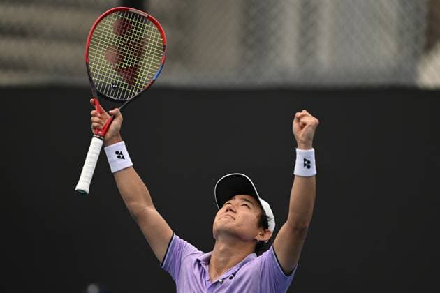 TENNIS AUSTRALIAN OPEN, Yoshihito Nishioka of Japan celebrates after defeating Mikael Ymer of Sweden on Day 1 of the 2023 Australian Open tennis tournament at Melbourne Park in Melbourne, Monday, January 16, 2023. ( NO ARCHIVING, EDITORIAL USE ONLY, NO USE IN BOOKS WITHOUT CONSENT MELBOURNE VICTORIA AUSTRALIA  Copyright: xLUKASxCOCHx 20230116001752963263
