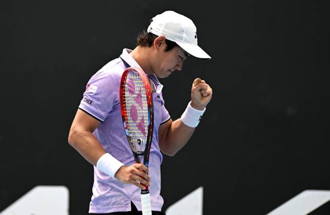 TENNIS AUSTRALIAN OPEN, Yoshito Nishioka of Japan reacts during his Men?s Singles 1st Round match against Michael Ymer of Sweden on Day 1 of the 2023 Australian Open tennis tournament at Melbourne Park in Melbourne, Monday, January 16, 2023. ( NO ARCHIVING, EDITORIAL USE ONLY, NO USE IN BOOKS WITHOUT CONSENT MELBOURNE VICTORIA AUSTRALIA  Copyright: xLUKASxCOCHx 20230116001752967648