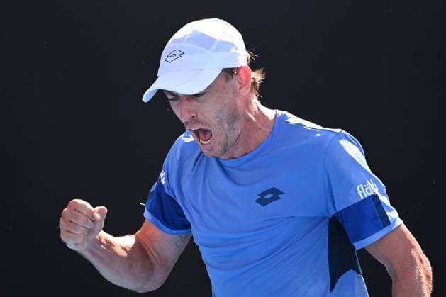 TENNIS AUSTRALIAN OPEN, John Millman of Australia celebrates winning a point during his Men?s Singles Round 1 against Marc-Andrea Huesler of Switzerland on Day 1 of the 2023 Australian Open tennis tournament at Melbourne Park in Melbourne, Monday, January 16, 2023. ( NO ARCHIVING, EDITORIAL USE ONLY, NO USE IN BOOKS WITHOUT CONSENT MELBOURNE VICTORIA AUSTRALIA  Copyright: xJamesxRossx 20230116001752993095