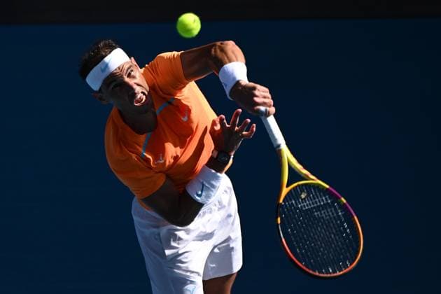 TENNIS AUSTRALIAN OPEN, Rafael Nadal of Spain serves during his Men?s Singles 1st round match against Jack Draper of Great Britain on Day 1 of the 2023 Australian Open tennis tournament at Melbourne Park in Melbourne, Monday, January 16, 2023. ( NO ARCHIVING, EDITORIAL USE ONLY, NO USE IN BOOKS WITHOUT CONSENT MELBOURNE VICTORIA AUSTRALIA  Copyright: xJOELxCARRETTx 20230116001753004999