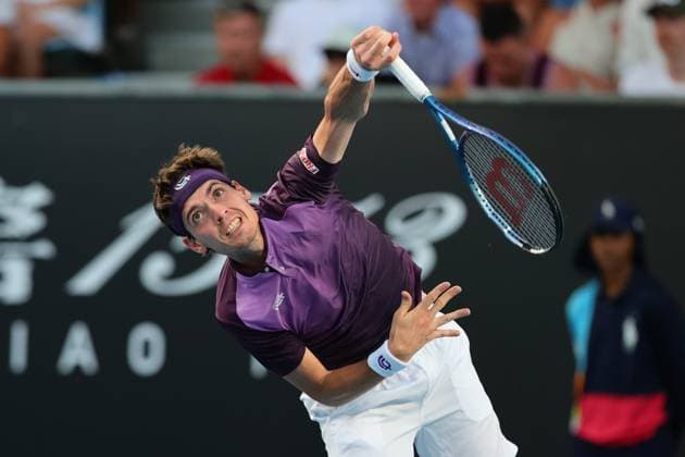Marc-Andrea Hustler of Switzerland serves during round 1 match between John Millman of Australia and Marc-Andrea Hustler of Switzerland Day 1 at the Australian Open Tennis 2023 at Court 3, Melbourne, Australia on 16 January 2023. Copyright: xPeterxDovganx 34780217