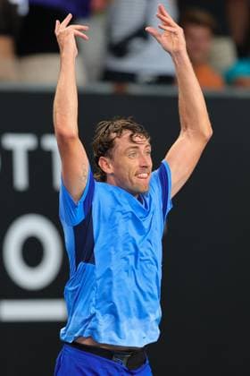 John Millman of Australia reacts after defeating Marc-Andrea Hustler of Switzerland 6-7 7-5 6-7 6-2 6-3 during round 1 match between John Millman of Australia and Marc-Andrea Hustler of Switzerland Day 1 at the Australian Open Tennis 2023 at Court 3, Melbourne, Australia on 16 January 2023. Copyright: xPeterxDovganx 34780234