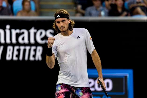 MELBOURNE, VIC - JANUARY 16: Stefanos Tsitsipas of Greece celebrates during Round 1 of the 2023 Australian Open on January 16 2023, at Melbourne Park in Melbourne, Australia. (Photo by Jason Heidrich Icon Sportswire) TENNIS: JAN 16 Australian Open Icon220116202