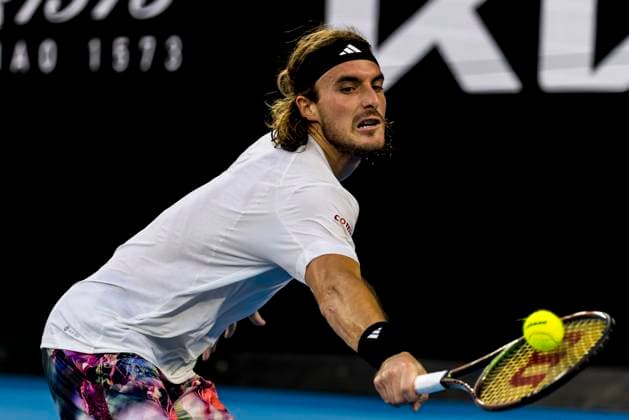 MELBOURNE, VIC - JANUARY 16: Stefanos Tsitsipas of Greece in action during Round 1 of the 2023 Australian Open on January 16 2023, at Melbourne Park in Melbourne, Australia. (Photo by Jason Heidrich Icon Sportswire) TENNIS: JAN 16 Australian Open Icon220116207