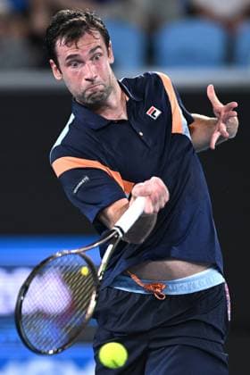 TENNIS AUSTRALIAN OPEN, Quentin Halys of France in action during his Men?s Singles 1st Round match against Stefanos Tsitsipas of Greece during the 2023 Australian Open tennis tournament at Melbourne Park in Melbourne, Monday, January 16, 2023. ( NO ARCHIVING, EDITORIAL USE ONLY, NO USE IN BOOKS WITHOUT CONSENT MELBOURNE VICTORIA AUSTRALIA  Copyright: xJAMESxROSSx 20230116001753077688