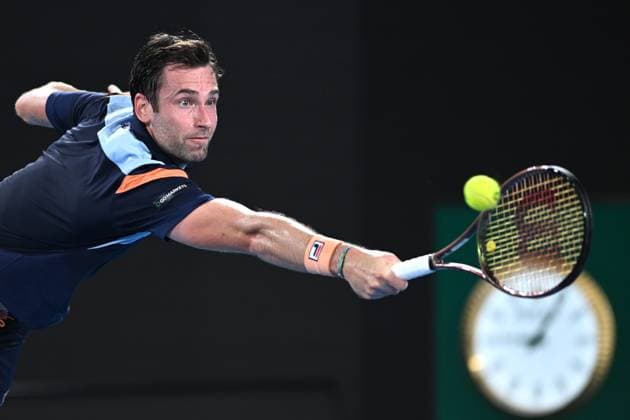 TENNIS AUSTRALIAN OPEN, Quentin Halys of France in action during his Men?s Singles 1st Round match against Stefanos Tsitsipas of Greece during the 2023 Australian Open tennis tournament at Melbourne Park in Melbourne, Monday, January 16, 2023. ( NO ARCHIVING, EDITORIAL USE ONLY, NO USE IN BOOKS WITHOUT CONSENT MELBOURNE VICTORIA AUSTRALIA  Copyright: xJAMESxROSSx 20230116001753077749