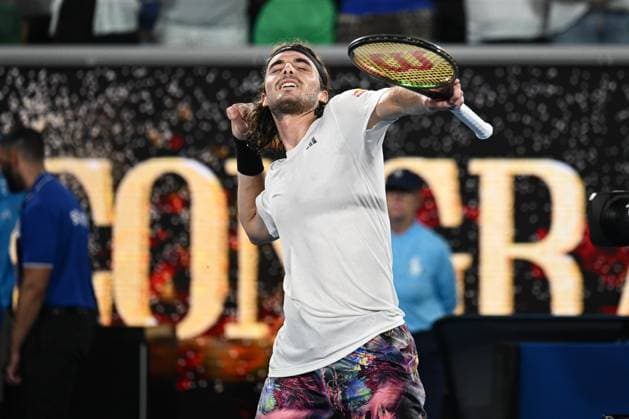 Mandatory Credit: Photo by James Gourley Shutterstock (13714310eh) Stefanos Tsitsipas celebrates winning his first round match Australian Open, Day One, Tennis, Melbourne Park, Melbourne, Australia - 16 Jan 2023 Australian Open, Day One, Tennis, Melbourne Park, Melbourne, Australia - 16 Jan 2023 Copyright: xJamesxGourley Shutterstockx 13714310eh