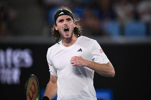 Mandatory Credit: Photo by James Gourley Shutterstock (13714310ee) Stefanos Tsitsipas celebrates during his first round match Australian Open, Day One, Tennis, Melbourne Park, Melbourne, Australia - 16 Jan 2023 Australian Open, Day One, Tennis, Melbourne Park, Melbourne, Australia - 16 Jan 2023 Copyright: xJamesxGourley Shutterstockx 13714310ee