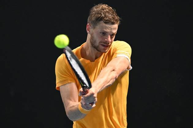 TENNIS AUSTRALIAN OPEN, Yannick Hanfmann of Germany returns during his Men?s Singles 1st Round match against Rinky Hijikata of Australia on Day 1 of the 2023 Australian Open tennis tournament at Melbourne Park in Melbourne, Monday, January 16, 2023. ( NO ARCHIVING, EDITORIAL USE ONLY, NO USE IN BOOKS WITHOUT CONSENT MELBOURNE VICTORIA AUSTRALIA  Copyright: xLUKASxCOCHx 20230116001753091493