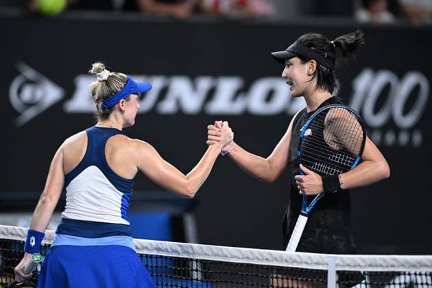 TENNIS AUSTRALIAN OPEN, Xinyu Wang of China (R) celebrates after winning her Women?s Singles 1st Round match against Storm Hunter of Australia during the 2023 Australian Open tennis tournament at Melbourne Park in Melbourne, Monday, January 16, 2023. ( NO ARCHIVING, EDITORIAL USE ONLY, NO USE IN BOOKS WITHOUT CONSENT MELBOURNE VICTORIA AUSTRALIA  Copyright: xJAMESxROSSx 20230116001753092885