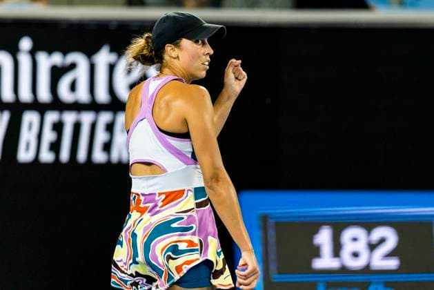 MELBOURNE, VIC - JANUARY 16: Madison Keys of the United States of America celebrates during Round 1 of the 2023 Australian Open on January 16 2023, at Melbourne Park in Melbourne, Australia. (Photo by Jason Heidrich Icon Sportswire) TENNIS: JAN 16 Australian Open Icon220116254