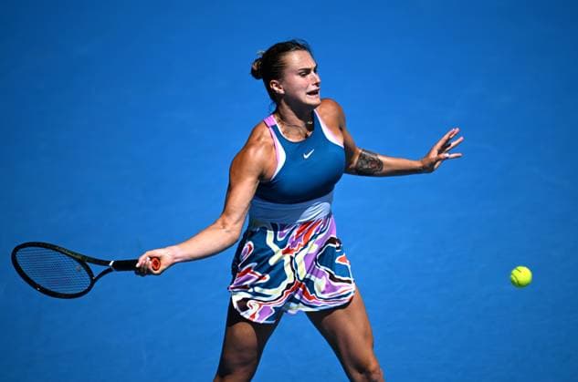 TENNIS AUSTRALIAN OPEN, Aryna Sabalenka of Belarus returns during her 1st round singles match against Tereza Martincova of the Czech Republic during 2023 Australian Open tennis tournament at Melbourne Park in Melbourne, Tuesday, January 17, 2023. ( NO ARCHIVING, EDITORIAL USE ONLY, NO USE IN BOOKS WITHOUT CONSENT MELBOURNE VICTORIA AUSTRALIA  Copyright: xJAMESxROSSx 20230117001753342778