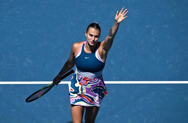 TENNIS AUSTRALIAN OPEN, Aryna Sabalenka of Belarus celebrates winning her 1st round singles match against Tereza Martincova of the Czech Republic during 2023 Australian Open tennis tournament at Melbourne Park in Melbourne, Tuesday, January 17, 2023. ( NO ARCHIVING, EDITORIAL USE ONLY, NO USE IN BOOKS WITHOUT CONSENT MELBOURNE VICTORIA AUSTRALIA  Copyright: xJAMESxROSSx 20230117001753349006