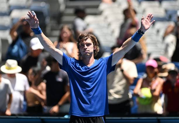 TENNIS AUSTRALIAN OPEN, Andrey Rublev of Russia celebrates after defeating Dominic Thiem of Austria during their fist round match at the 2023 Australian Open tennis tournament at Melbourne Park in Melbourne, Tuesday, January 17, 2023. ( NO ARCHIVING, EDITORIAL USE ONLY, NO USE IN BOOKS WITHOUT CONSENT MELBOURNE VICTORIA AUSTRALIA  Copyright: xLUKASxCOCHx 20230117001753362971