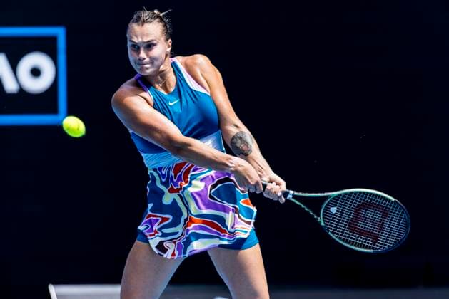 MELBOURNE, VIC - JANUARY 17: Aryna Sabalenka of Belarus in action during Round 1 of the 2023 Australian Open on January 17 2023, at Melbourne Park in Melbourne, Australia. (Photo by Jason Heidrich Icon Sportswire) TENNIS: JAN 17 Australian Open Icon220117012