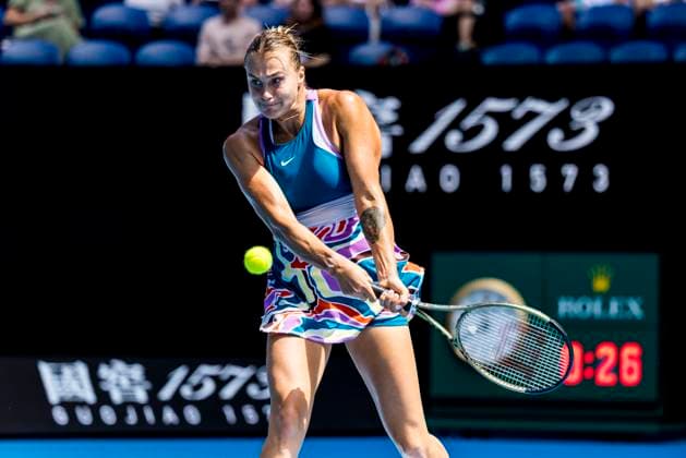 MELBOURNE, VIC - JANUARY 17: Aryna Sabalenka of Belarus in action during Round 1 of the 2023 Australian Open on January 17 2023, at Melbourne Park in Melbourne, Australia. (Photo by Jason Heidrich Icon Sportswire) TENNIS: JAN 17 Australian Open Icon220117016