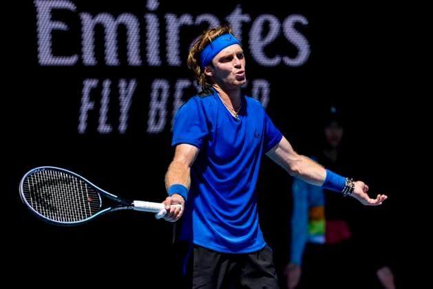 MELBOURNE, VIC - JANUARY 17: Andrey Rublev of Russia shows his frustration during Round 1 of the 2023 Australian Open on January 17 2023, at Melbourne Park in Melbourne, Australia. (Photo by Jason Heidrich Icon Sportswire) TENNIS: JAN 17 Australian Open Icon220117060