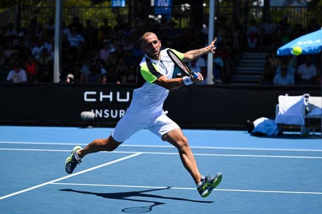 Mandatory Credit: Photo by James Gourley Shutterstock (13716760f) Dan Evans in action during his first round match Australian Open, Day Two, Tennis, Melbourne Park, Melbourne, Australia - 17 Jan 2023 Australian Open, Day Two, Tennis, Melbourne Park, Melbourne, Australia - 17 Jan 2023 Copyright: xJamesxGourley Shutterstockx 13716760f