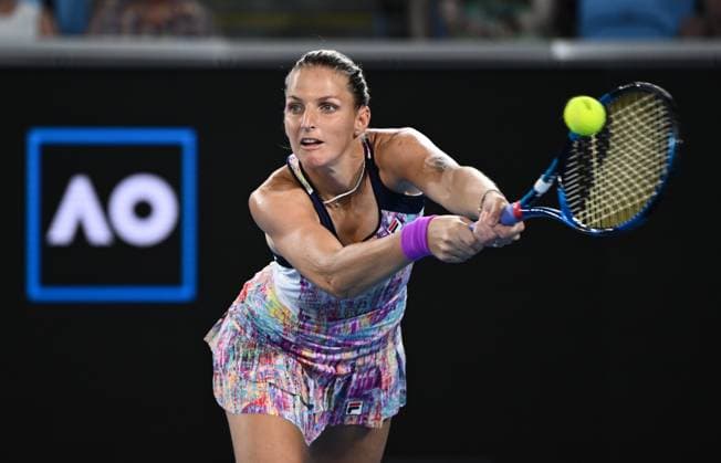 TENNIS AUSTRALIAN OPEN, Karolina Pliskova of the Czech Republic returns to Xiyu Wang of China during their first round singles match at the 2023 Australian Open tennis tournament at Melbourne Park in Melbourne, Tuesday, January 17, 2023. ( NO ARCHIVING, EDITORIAL USE ONLY, NO USE IN BOOKS WITHOUT CONSENT MELBOURNE VICTORIA AUSTRALIA  Copyright: xJOELxCARRETTx 20230117001753392511
