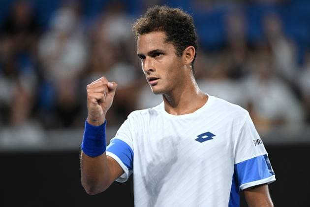 TENNIS AUSTRALIAN OPEN, Juan Pablo Varillas of Peru celebrates winning a point during his first round match against Alexander Zverev of Germany at the 2023 Australian Open tennis tournament at Melbourne Park in Melbourne, Tuesday, January 17, 2023. ( NO ARCHIVING, EDITORIAL USE ONLY, NO USE IN BOOKS WITHOUT CONSENT MELBOURNE VICTORIA AUSTRALIA  Copyright: xLUKASxCOCHx 20230117001753414422