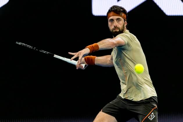 MELBOURNE, VIC - JANUARY 17: Nikoloz Basilashvili of Georgia in action during Round 1 of the 2023 Australian Open on January 17 2023, at Melbourne Park in Melbourne, Australia. (Photo by Jason Heidrich Icon Sportswire) TENNIS: JAN 17 Australian Open Icon220117121