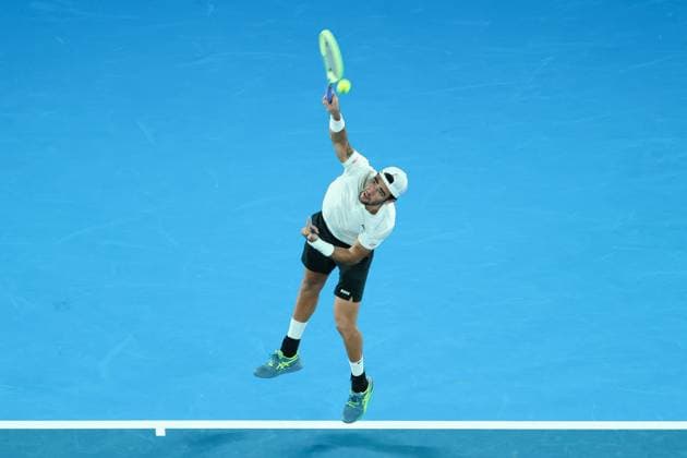 Matteo Berrettini of Italy serves during round 1 match between Andy Murray of Great Britain and Matteo Berrettini of Italy Day 2 at the Australian Open Tennis 2023 at Rod Laver Arena, Melbourne, Australia on 17 January 2023. Copyright: xPeterxDovganx 34780453