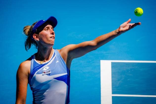 Elise Mertens WTA, Tennis Damen 32) pictured in action during a women s singles first round game between Belgian Mertens (WTA 27) and Spanish Muguruza (WTA 58) at the Australian Open tennis Grand Slam, Tuesday 17 January 2023 in Melbourne Park, Melbourne, Australia. PATRICKxHAMILTON  x58314010x