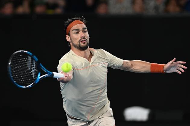 TENNIS AUSTRALIAN OPEN, Fabio Fognini of Italy returns during his first round match against Thanasi Kokkinakis of Australia at the 2023 Australian Open tennis tournament at Melbourne Park in Melbourne, Tuesday, January 17, 2023. ( NO ARCHIVING, EDITORIAL USE ONLY, NO USE IN BOOKS WITHOUT CONSENT MELBOURNE VICTORIA AUSTRALIA  Copyright: xLUKASxCOCHx 20230117001753493650