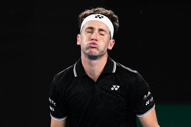 Mandatory Credit: Photo by James Gourley Shutterstock (13716760gy) Casper Ruud reacts during his first round match Australian Open, Day Two, Tennis, Melbourne Park, Melbourne, Australia - 17 Jan 2023 Australian Open, Day Two, Tennis, Melbourne Park, Melbourne, Australia - 17 Jan 2023 Copyright: xJamesxGourley Shutterstockx 13716760gy