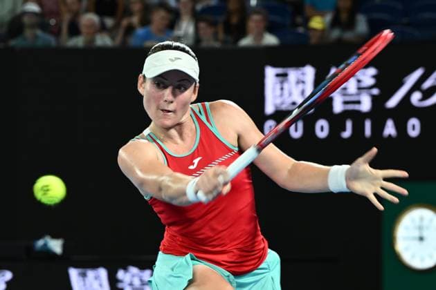 TENNIS AUSTRALIAN OPEN, Tamara Zidansek of Slovenia returns during her 1st round singles match against Ons Jabeur of Tunisia during 2023 Australian Open tennis tournament at Melbourne Park in Melbourne, Tuesday, January 17, 2023. ( NO ARCHIVING, EDITORIAL USE ONLY, NO USE IN BOOKS WITHOUT CONSENT MELBOURNE VICTORIA AUSTRALIA  Copyright: xJOELxCARRETTx 20230117001753500507