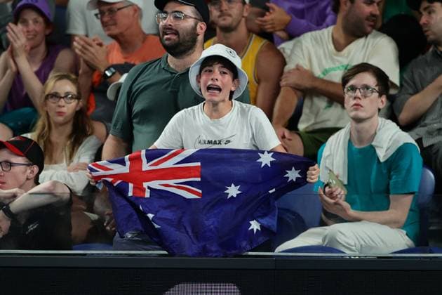 Australian fan with flag during round 1 match between Thanasi Kokkinakis of Australia and Fabio Fognini of Italy Day 2 at the Australian Open Tennis 2023 at KIA Arena, Melbourne, Australia on 17 January 2023. Copyright: xPeterxDovganx 34780579