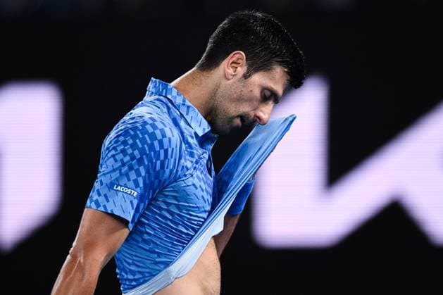 Mandatory Credit: Photo by James Gourley Shutterstock (13716760ii) Novak Djokovic in action during his first round match Australian Open, Day Two, Tennis, Melbourne Park, Melbourne, Australia - 17 Jan 2023 Australian Open, Day Two, Tennis, Melbourne Park, Melbourne, Australia - 17 Jan 2023 Copyright: xJamesxGourley Shutterstockx 13716760ii