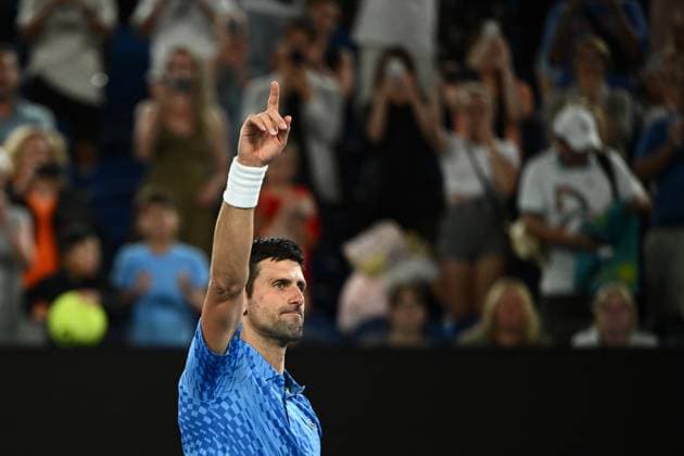 Sport Bilder des Tages TENNIS AUSTRALIAN OPEN, Novak Djokovic of Serbia celebrates winning his 1st round singles match against Roberto Carballes Baena of Spain during 2023 Australian Open tennis tournament at Melbourne Park in Melbourne, Tuesday, January 17, 2023. ( NO ARCHIVING, EDITORIAL USE ONLY, NO USE IN BOOKS WITHOUT CONSENT MELBOURNE VICTORIA AUSTRALIA  Copyright: xJOELxCARRETTx 20230118001753531008