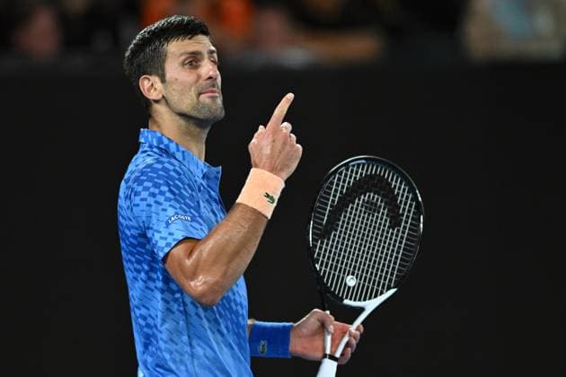 TENNIS AUSTRALIAN OPEN, Novak Djokovic of Serbia reacts during his 1st round singles match against Roberto Carballes Baena of Spain during 2023 Australian Open tennis tournament at Melbourne Park in Melbourne, Tuesday, January 17, 2023. ( NO ARCHIVING, EDITORIAL USE ONLY, NO USE IN BOOKS WITHOUT CONSENT MELBOURNE VICTORIA AUSTRALIA  Copyright: xJOELxCARRETTx 20230118001753532975