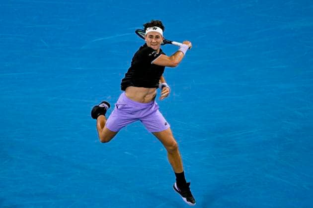 TENNIS AUSTRALIAN OPEN, Casper Ruud of Norway in actioin during his first round match against against Tomas Machac of Czech Republic at the 2023 Australian Open tennis tournament at Melbourne Park in Melbourne, Tuesday, January 17, 2023. ( NO ARCHIVING, EDITORIAL USE ONLY, NO USE IN BOOKS WITHOUT CONSENT MELBOURNE VICTORIA AUSTRALIA  Copyright: xLUKASxCOCHx 20230118001753534892