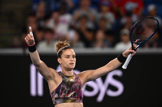 TENNIS AUSTRALIAN OPEN, Maria Sakkari of Greece celebrates match point during her match against Diana Shnaider during the 2023 Australian Open tennis tournament at Melbourne Park in Melbourne, Wednesday, January 18, 2023. ( NO ARCHIVING, EDITORIAL USE ONLY, NO USE IN BOOKS WITHOUT CONSENT MELBOURNE VICTORIA AUSTRALIA  Copyright: xJOELxCARRETTx 20230118001753709309