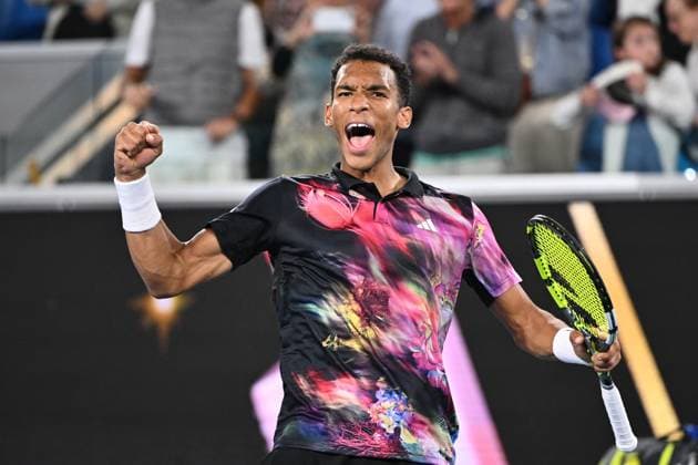 TENNIS AUSTRALIAN OPEN, Felix Auger-Aliassime of Canada celebrates defeating Alex Molcan of Slovakia during the 2023 Australian Open tennis tournament at Melbourne Park in Melbourne, Wednesday, January 18, 2023. ( NO ARCHIVING, EDITORIAL USE ONLY, NO USE IN BOOKS WITHOUT CONSENT MELBOURNE VICTORIA AUSTRALIA  Copyright: xJOELxCARRETTx 20230118001753770840