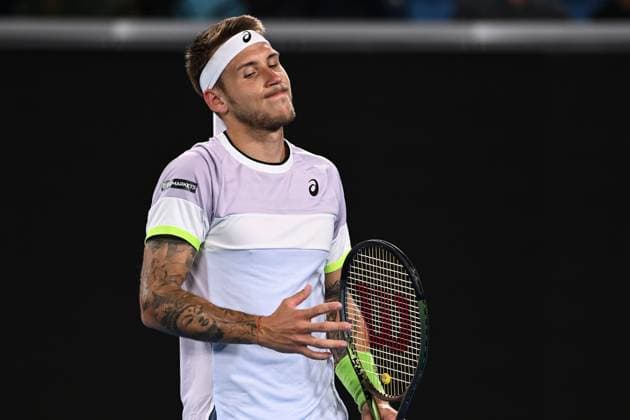 TENNIS AUSTRALIAN OPEN, Alex Molcan of Slovakia reacts during his match against Felix Auger-Aliassime of Canada during the 2023 Australian Open tennis tournament at Melbourne Park in Melbourne, Wednesday, January 18, 2023. ( NO ARCHIVING, EDITORIAL USE ONLY, NO USE IN BOOKS WITHOUT CONSENT MELBOURNE VICTORIA AUSTRALIA  Copyright: xJOELxCARRETTx 20230118001753772152