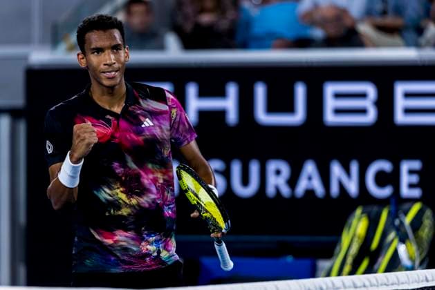 MELBOURNE, VIC - JANUARY 18: Felix Auger-Aliassime of Canada celebrates during Round 2 of the 2023 Australian Open on January 18 2023, at Melbourne Park in Melbourne, Australia. (Photo by Jason Heidrich Icon Sportswire) TENNIS: JAN 18 Australian Open Icon220118083