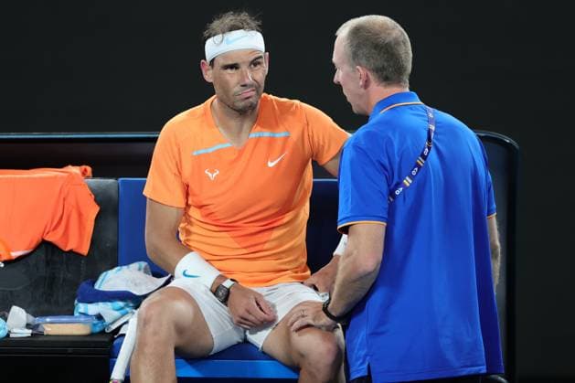 Rafael Nadal of Spain receives medical attention during round 2 match between Rafael Nadal of Spain and Mackenzie McDonald of USA Day 3 at the Australian Open Tennis 2023 at Rod Laver Arena, Melbourne, Australia on 18 January 2023. Copyright: xPeterxDovganx 34780731