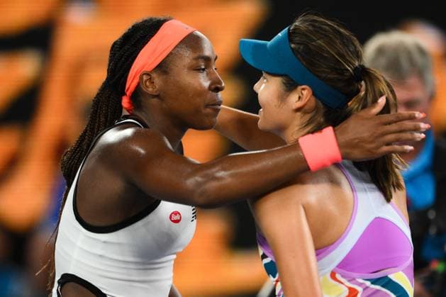 Mandatory Credit: Photo by James Gourley Shutterstock (13716764fl) Coco Gauff celebrates victory after winning her second round match against Emma Raducanu Australian Open, Day Three, Tennis, Melbourne Park, Melbourne, Australia - 18 Jan 2023 Australian Open, Day Three, Tennis, Melbourne Park, Melbourne, Australia - 18 Jan 2023 Copyright: xJamesxGourley Shutterstockx 13716764fl