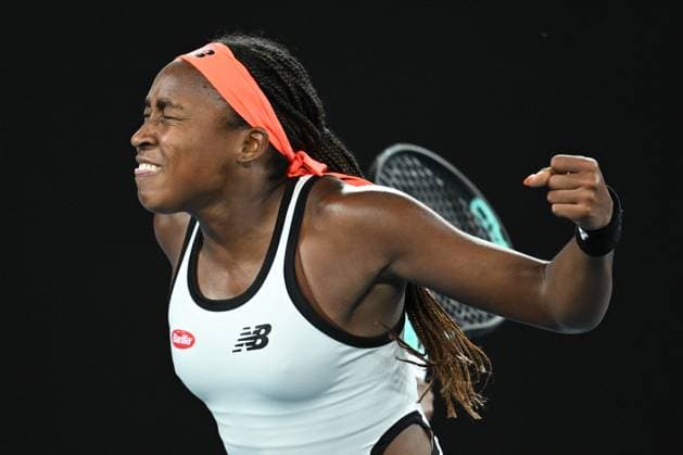 TENNIS AUSTRALIAN OPEN, Coco Gauff of the U.S. celebrates during her match against Emma Raducanu of Great Britain during the 2023 Australian Open tennis tournament at Melbourne Park in Melbourne, Wednesday, January 18, 2023. ( NO ARCHIVING, EDITORIAL USE ONLY, NO USE IN BOOKS WITHOUT CONSENT MELBOURNE VICTORIA AUSTRALIA  Copyright: xJAMESxROSSx 20230118001753828816