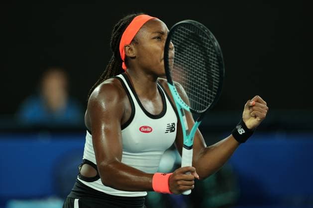 Coco Gauff of USA celebrates after defeating Emma Raducanu of United Kingdom 6-3 7-6 during round 2 match between Coco Gauff of USA and Emma Raducanu of United Kingdom Day 3 at the Australian Open Tennis 2023 at Rod Laver Arena, Melbourne, Australia on 18 January 2023. Copyright: xPeterxDovganx 34780762