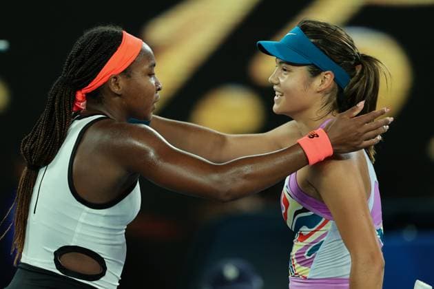 Coco Gauff of USA and Emma Raducanu of United Kingdom embrace after Coco Gauff of USA won 6-3 7-6 during round 2 match Day 3 at the Australian Open Tennis 2023 at Rod Laver Arena, Melbourne, Australia on 18 January 2023. Copyright: xPeterxDovganx 34780766