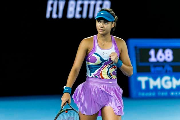 MELBOURNE, VIC - JANUARY 18: Emma Raducanu of the United Kingdom celebrates during Round 2 of the 2023 Australian Open on January 18 2023, at Melbourne Park in Melbourne, Australia. (Photo by Jason Heidrich Icon Sportswire) TENNIS: JAN 18 Australian Open Icon220118216
