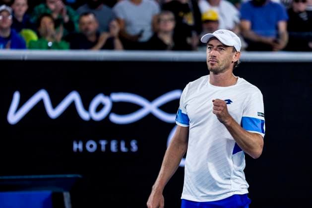 MELBOURNE, VIC - JANUARY 18: John Millman of Australia celebrates during Round 2 of the 2023 Australian Open on January 18 2023, at Melbourne Park in Melbourne, Australia. (Photo by Jason Heidrich Icon Sportswire) TENNIS: JAN 18 Australian Open Icon220118247