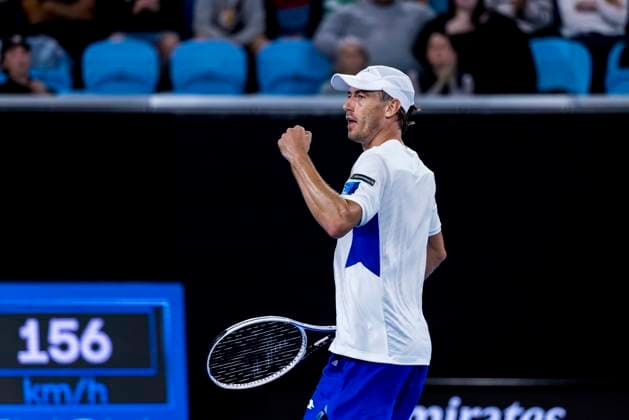 MELBOURNE, VIC - JANUARY 18: John Millman of Australia celebrates during Round 2 of the 2023 Australian Open on January 18 2023, at Melbourne Park in Melbourne, Australia. (Photo by Jason Heidrich Icon Sportswire) TENNIS: JAN 18 Australian Open Icon220118256